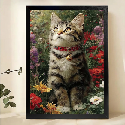 Tabby Kitten in Flower Garden Canvas Art - Red Roses & Sunflowers