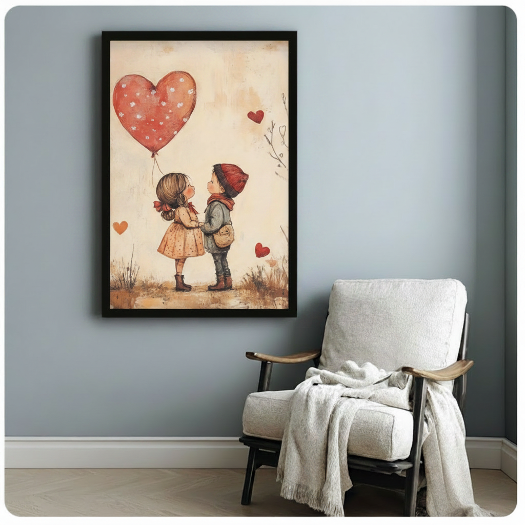 Romantic Kids Heart Balloon Canvas Wall Art