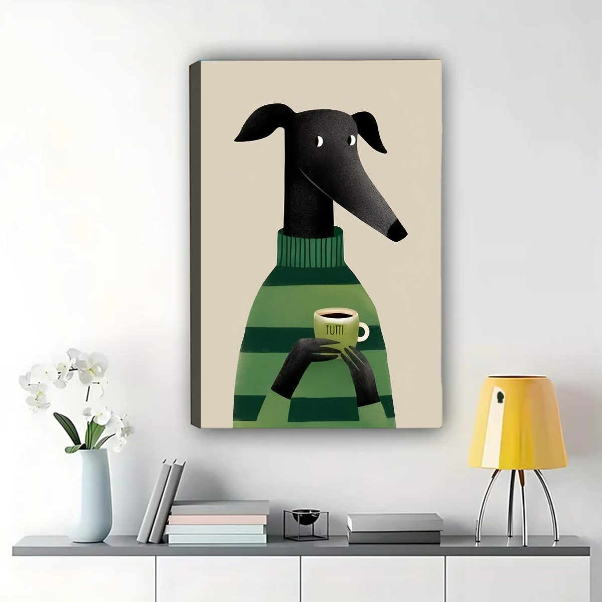Greyhound with Coffee Wall Art - Cozy Green Sweater Print