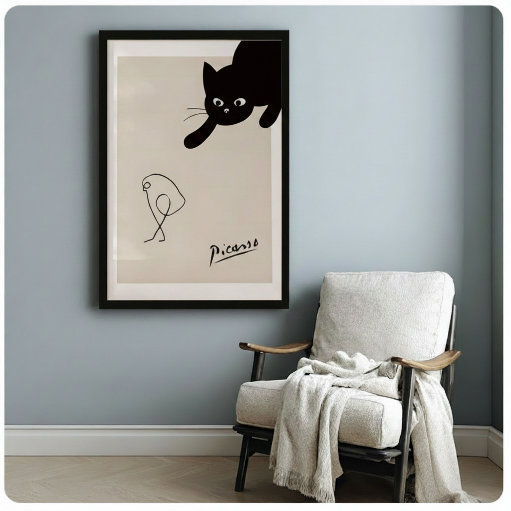 Picasso-Style Black Cat Minimalist Canvas Wall Art