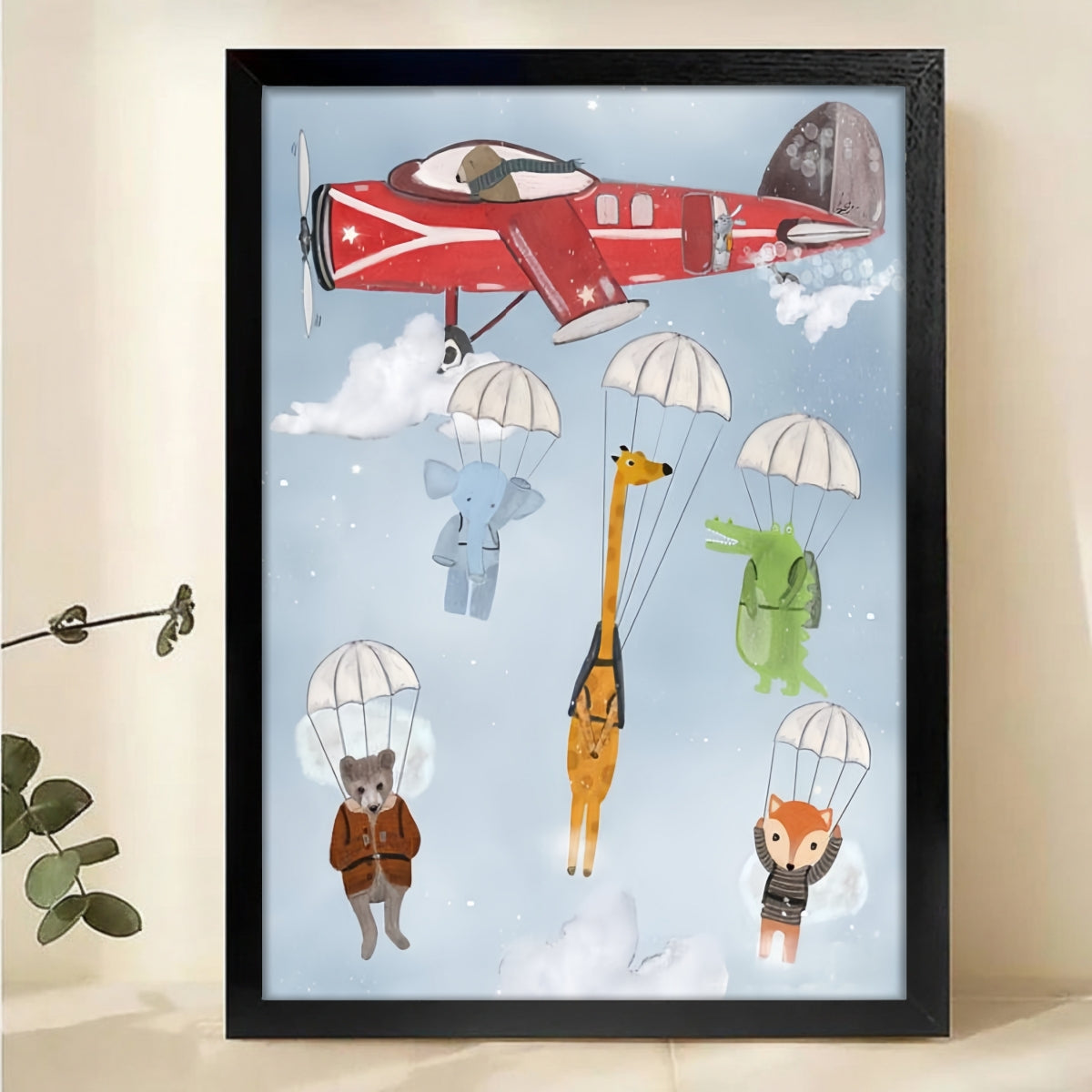 Parachuting Animals Canvas Print - Vintage Airplane Nursery Art