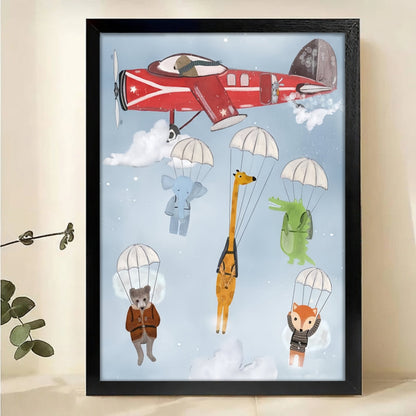 Parachuting Animals Canvas Print - Vintage Airplane Nursery Art