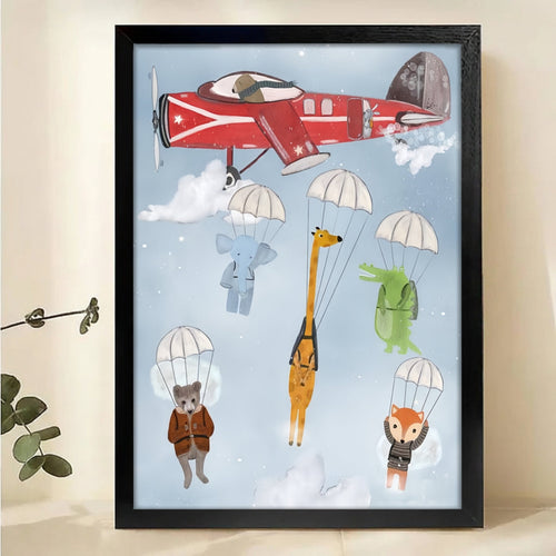 Parachuting Animals Canvas Print - Vintage Airplane Nursery Art