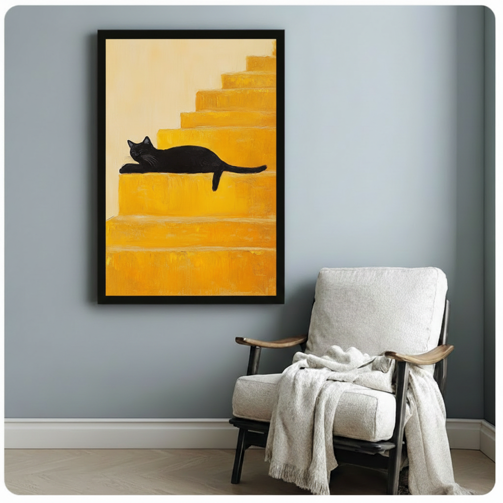 Black Cat Yellow Stairs Minimalist Canvas Wall Art