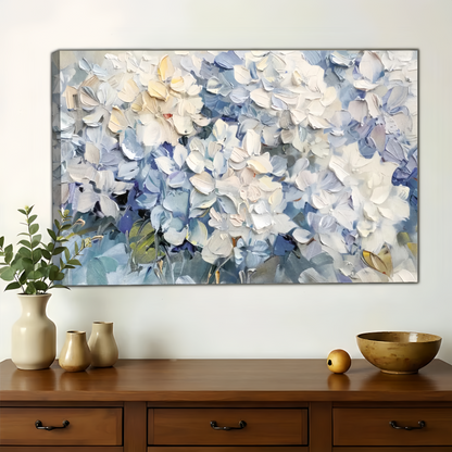 Blue and White Hydrangea Wall Art - Textured Floral Oil Painting Canvas Print