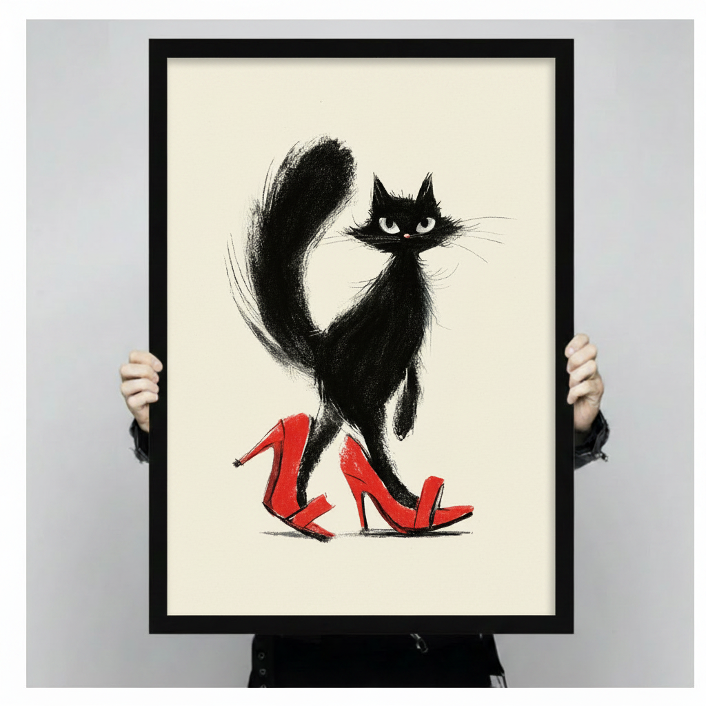 Chic Black Cat Red Heels Canvas Art Wall Art