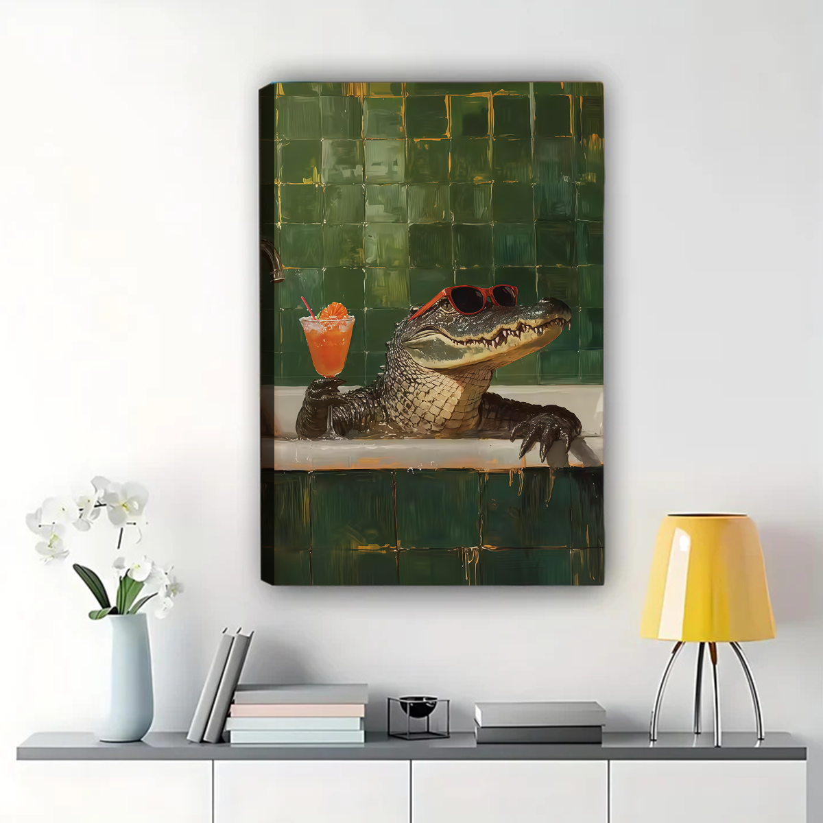 Alligator in Bathtub with Cocktail Canvas Wall Art - Funny Animal Bathroom Decor