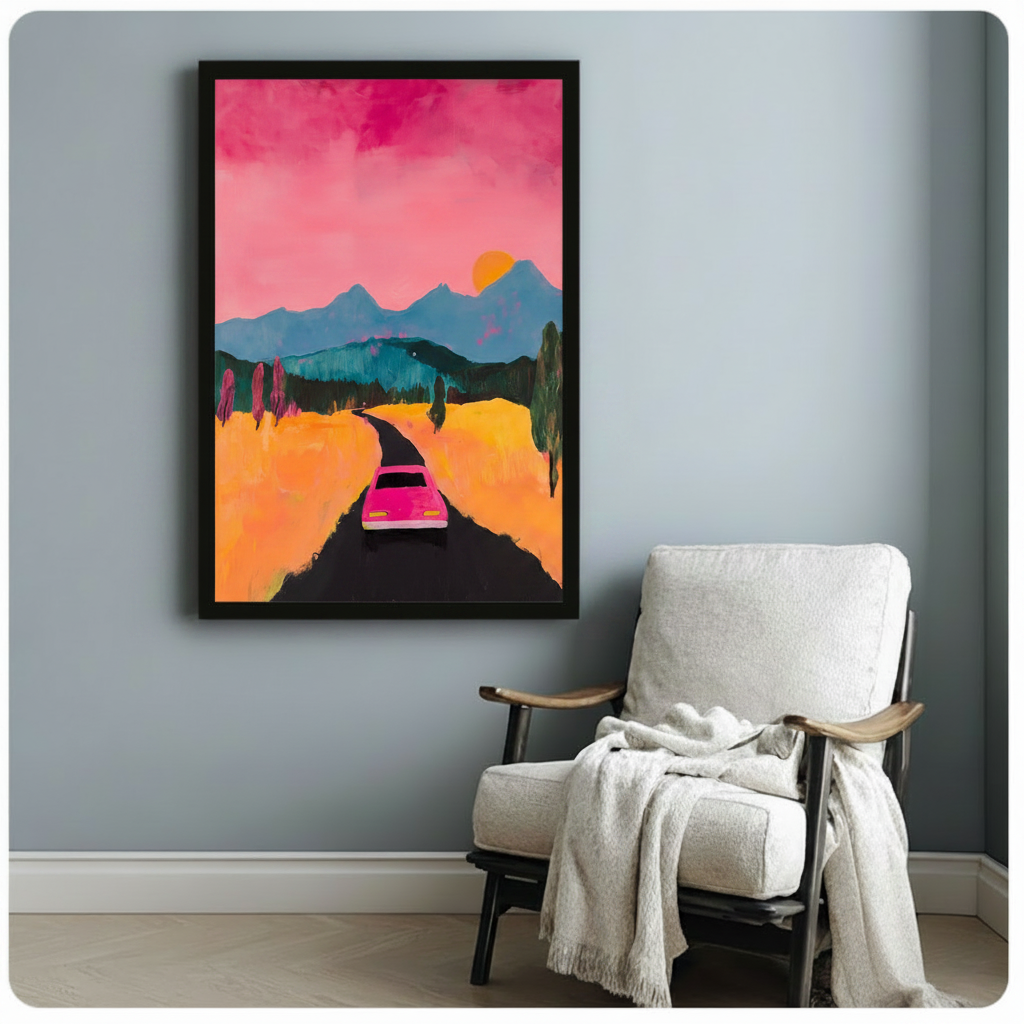 Neon Sunset Road Trip Framed Canvas Wall Art