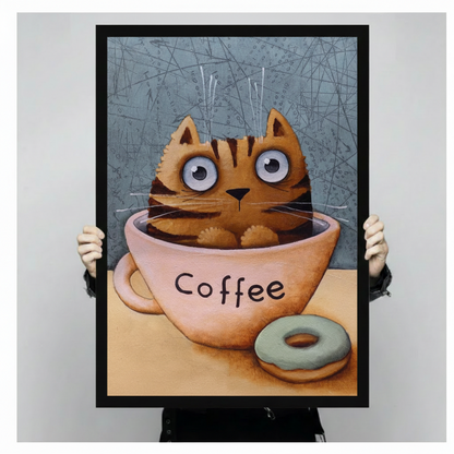 Cute Cat Coffee Cup Whimsical Canvas Wall Art