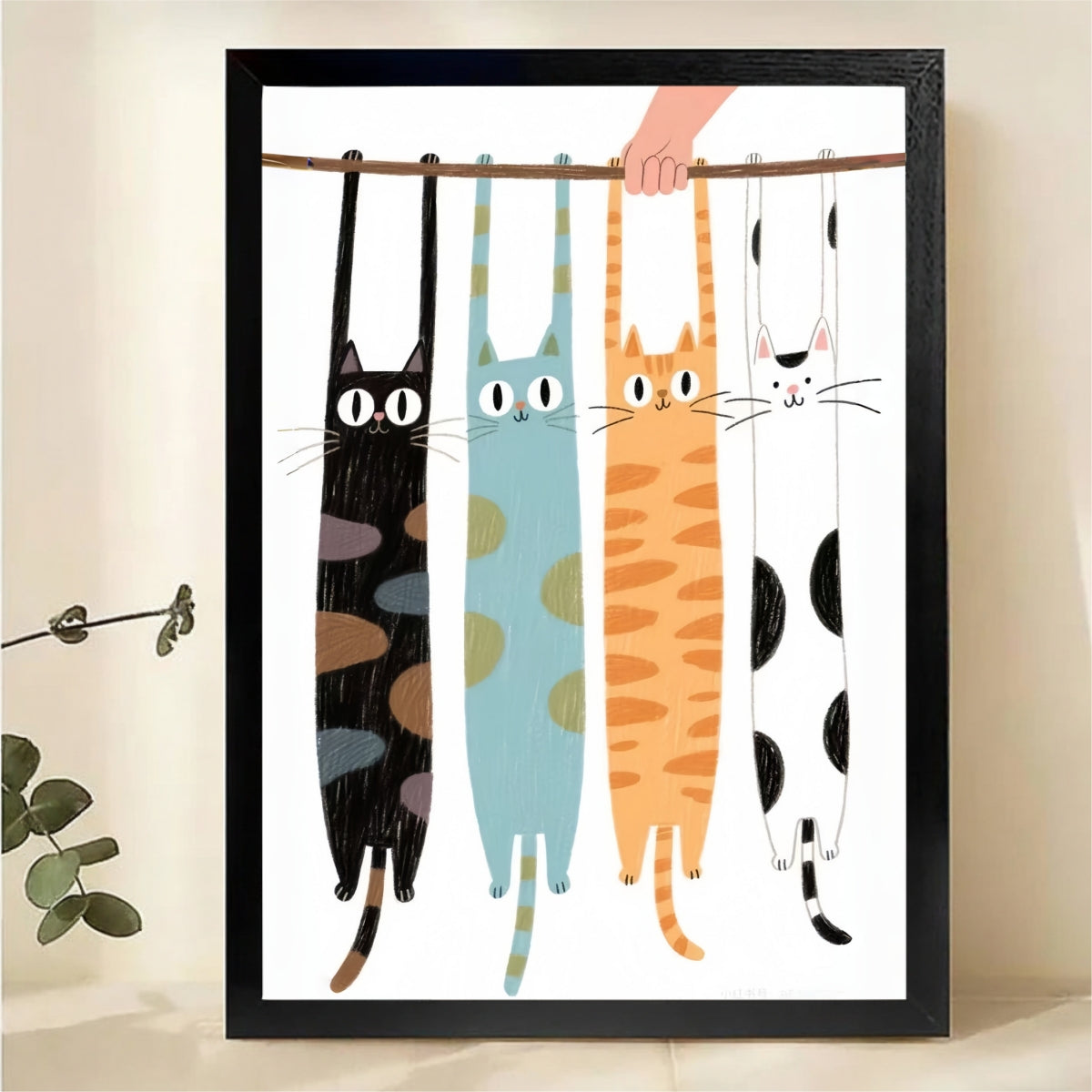 Hanging Cats on Clothesline Wall Art - Whimsical Cat Print