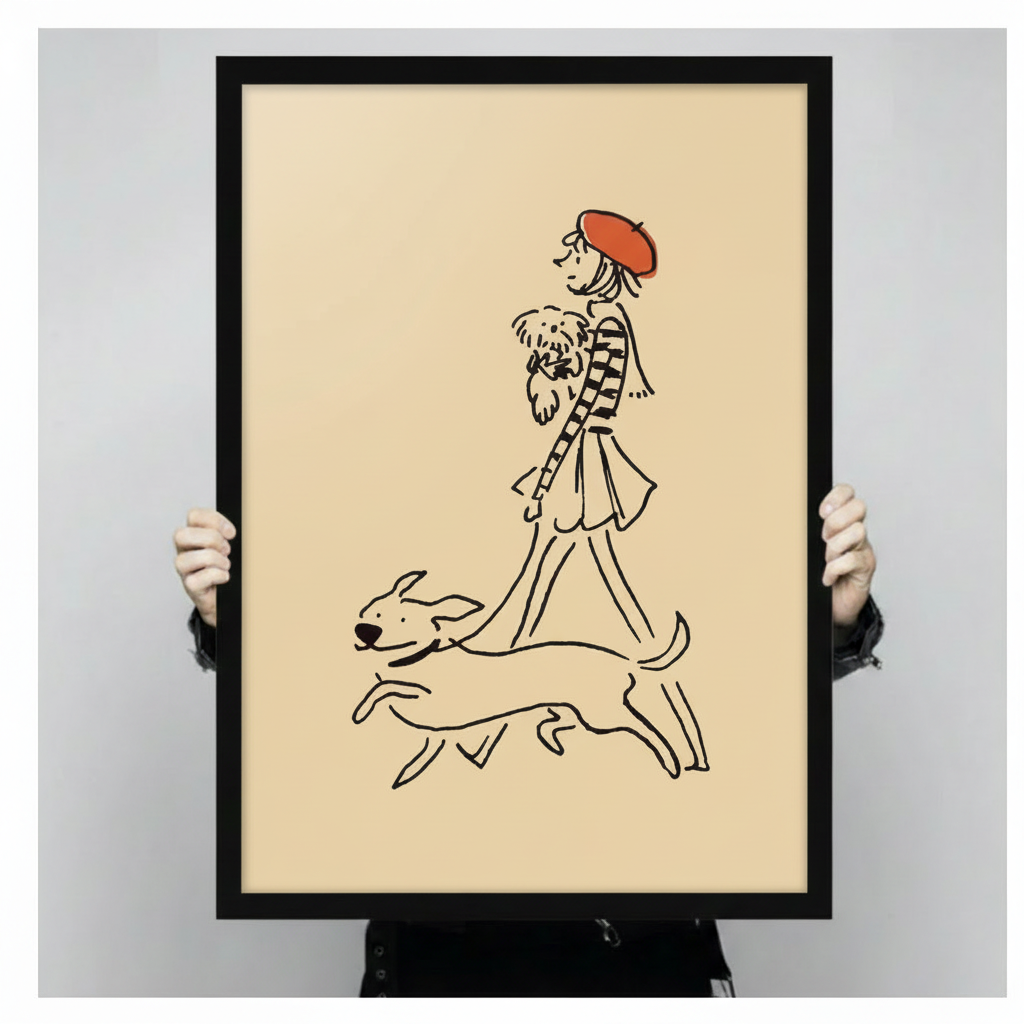 Parisian Girl Dogs Walk Minimalist Line Art Canvas Print