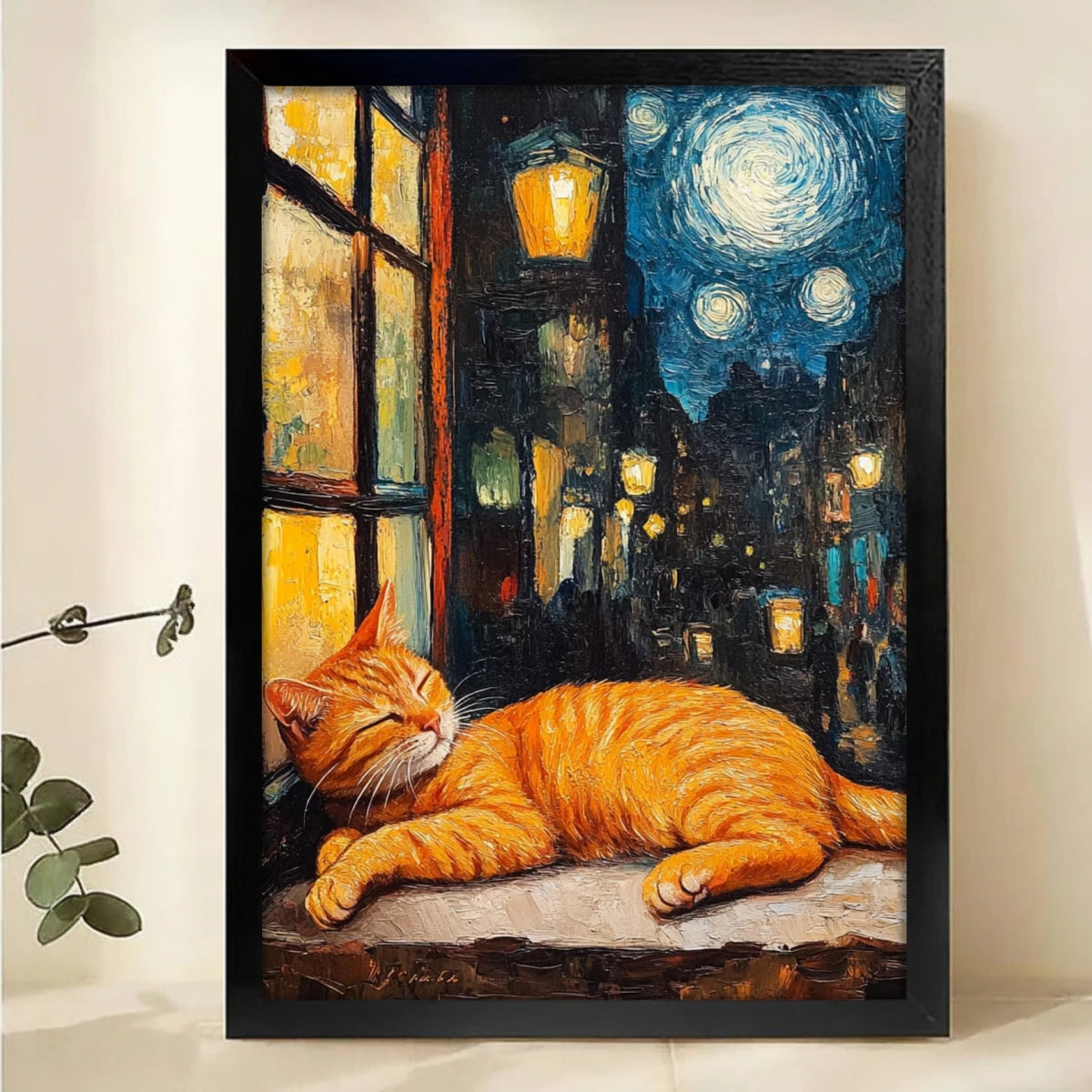 Starry Night Cat Canvas Print - Van Gogh Style Orange Tabby Art