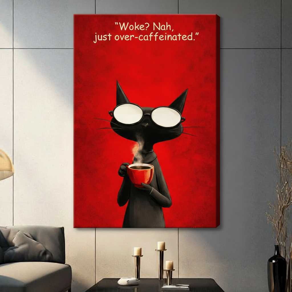Over-Caffeinated Cat Funny Quote Canvas Wall Art