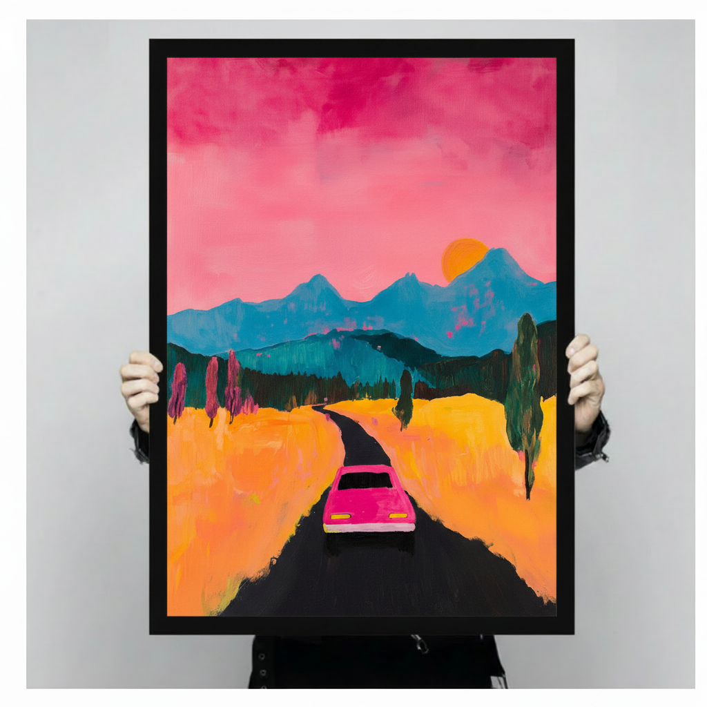 Neon Sunset Road Trip Framed Canvas Wall Art