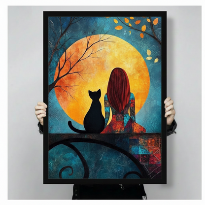 Girl Black Cat Moon Night Romantic Canvas Print