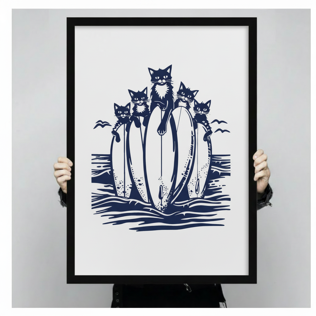Surfing Cats Canvas Wall Art – Navy Linocut Print