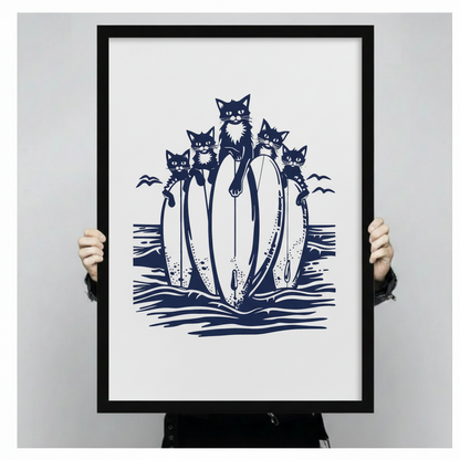 Surfing Cats Canvas Wall Art – Navy Linocut Print