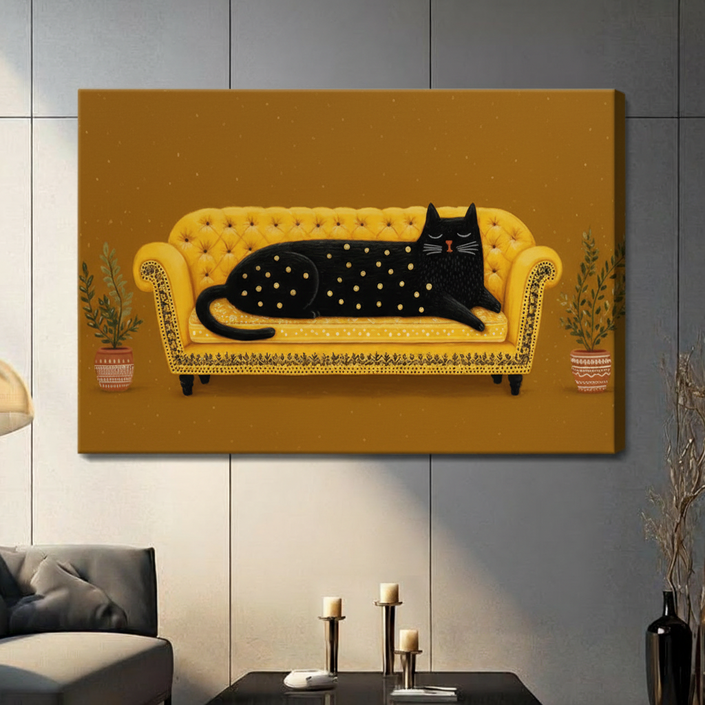 Black Cat Golden Sofa Boho Canvas Wall Art