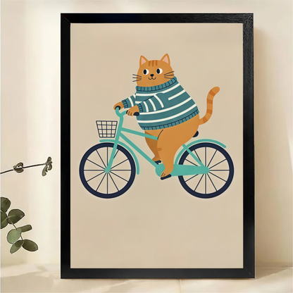Cat Riding Bicycle Canvas Art - Whimsical Orange Tabby Print