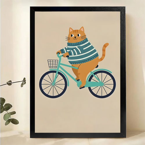 Cat Riding Bicycle Canvas Art - Whimsical Orange Tabby Print