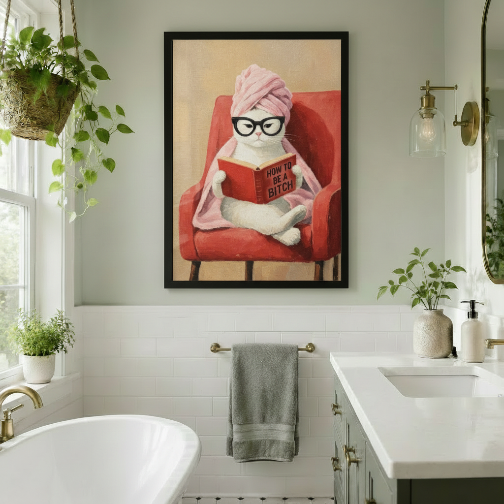 Funny Cat Reading Framed Canvas Wall Art