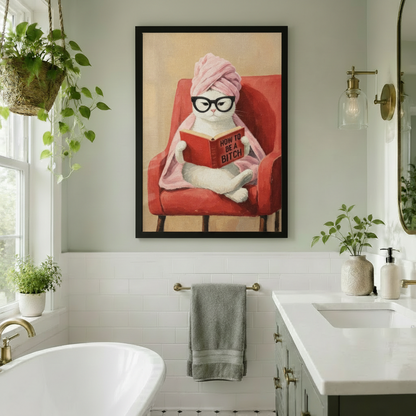 Funny Cat Reading Framed Canvas Wall Art