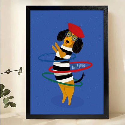 Dog Hula Hooping Wall Art - Playful French Beret Pet Print