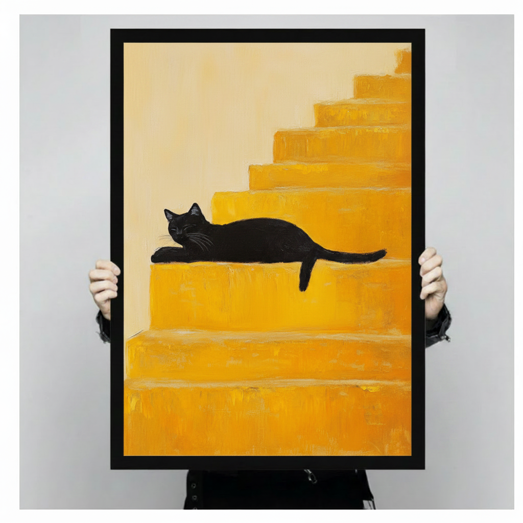Black Cat Yellow Stairs Minimalist Canvas Wall Art