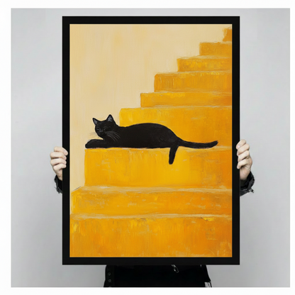 Black Cat Yellow Stairs Minimalist Canvas Wall Art