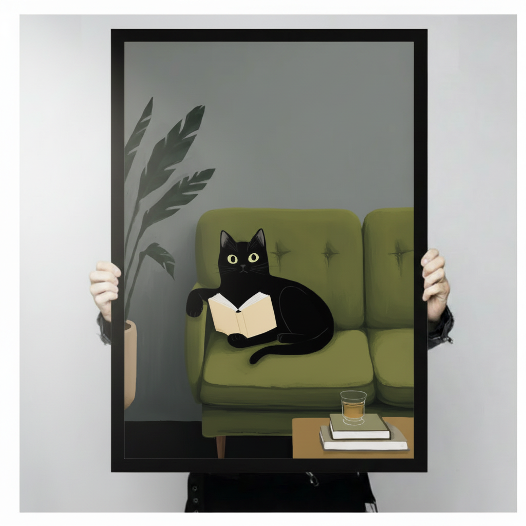 Black Cat Reading on Sofa Canvas Wall Art