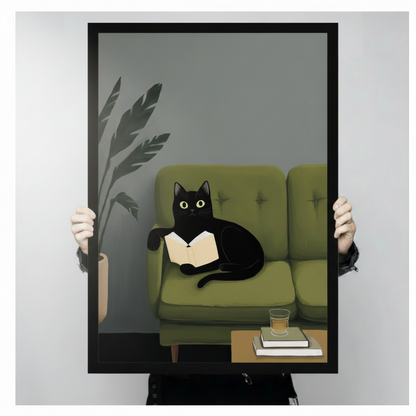 Black Cat Reading on Sofa Canvas Wall Art