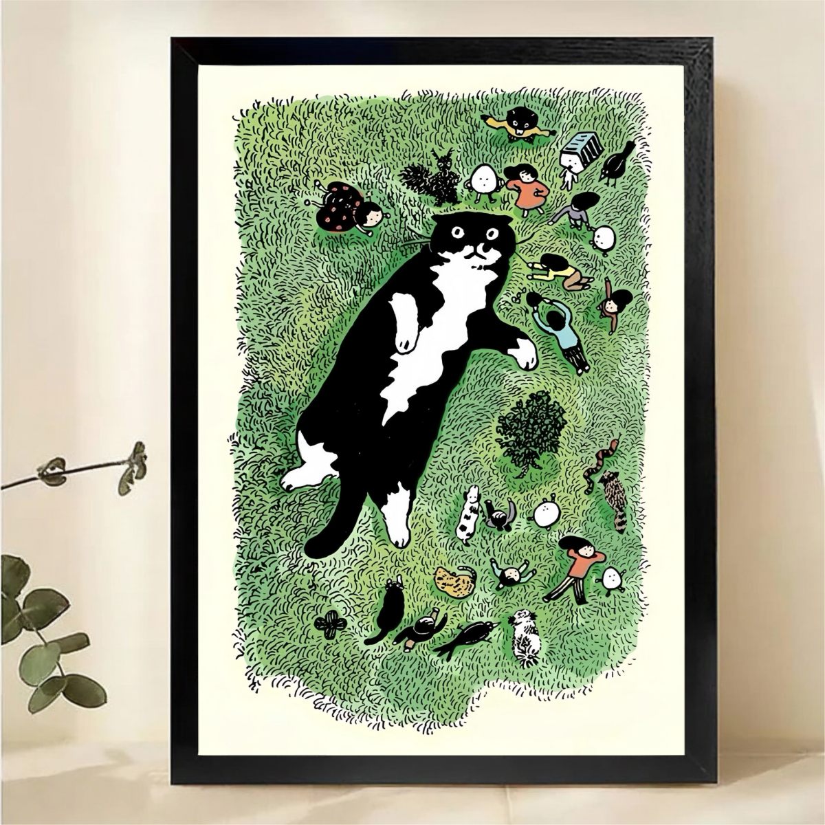 Cat in Grass Wall Art - Whimsical Nature Illustration Print