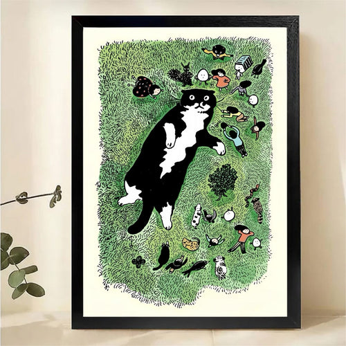Cat in Grass Wall Art - Whimsical Nature Illustration Print