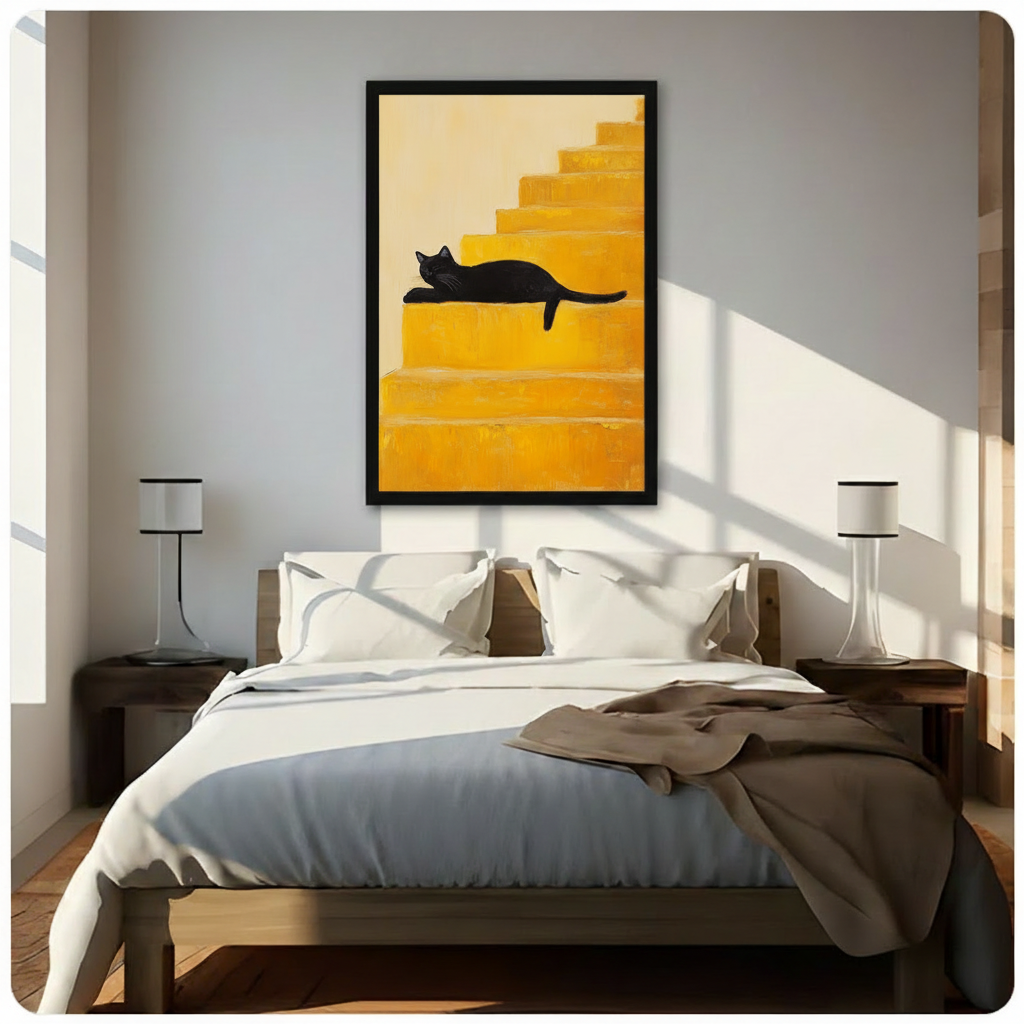 Black Cat Yellow Stairs Minimalist Canvas Wall Art