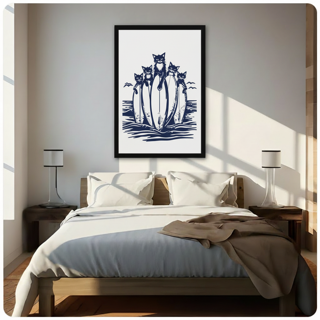 Surfing Cats Canvas Wall Art – Navy Linocut Print