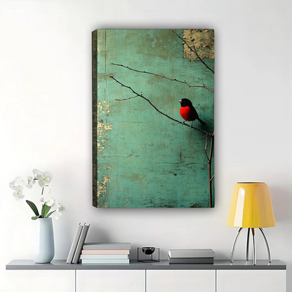 Red Robin on Branch Wall Art - Vintage Teal Print