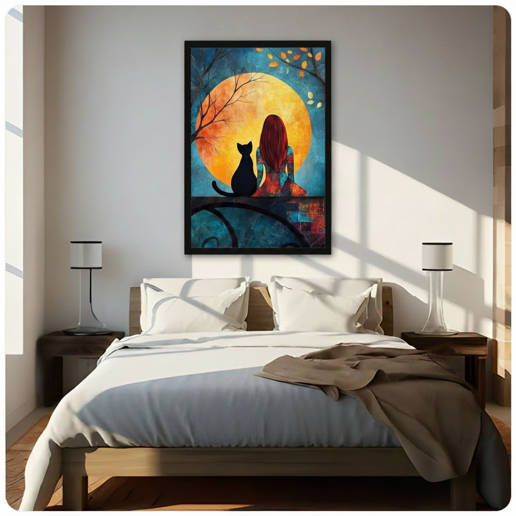 Girl Black Cat Moon Night Romantic Canvas Print