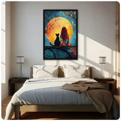 Girl Black Cat Moon Night Romantic Canvas Print