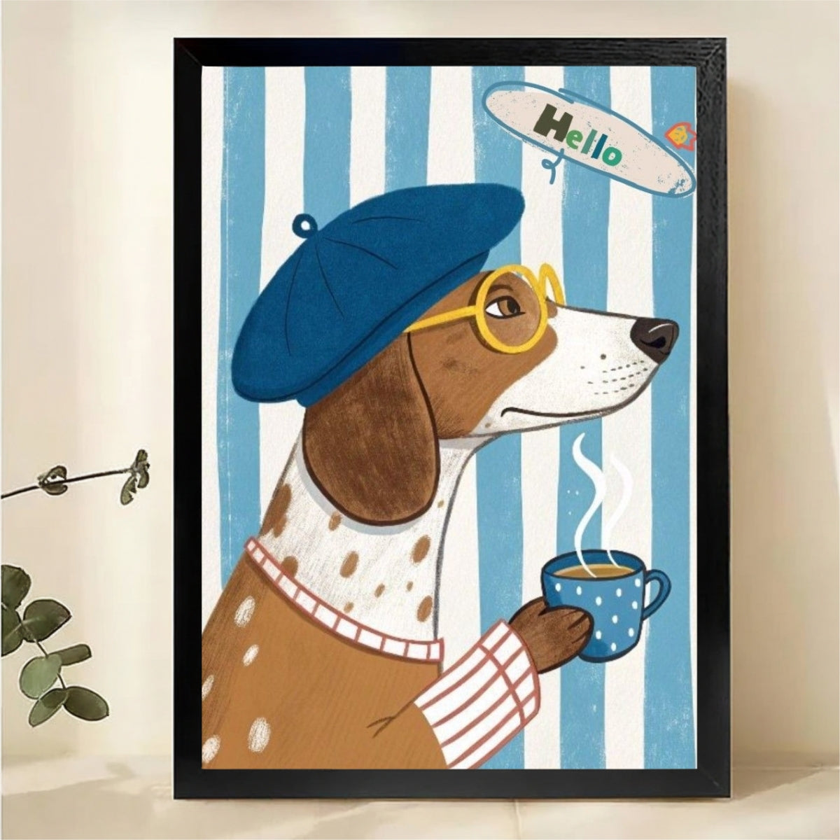 French Dog with Coffee Wall Art - Whimsical Beret Pet Print