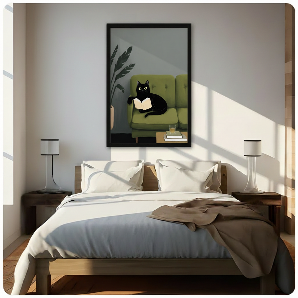 Black Cat Reading on Sofa Canvas Wall Art