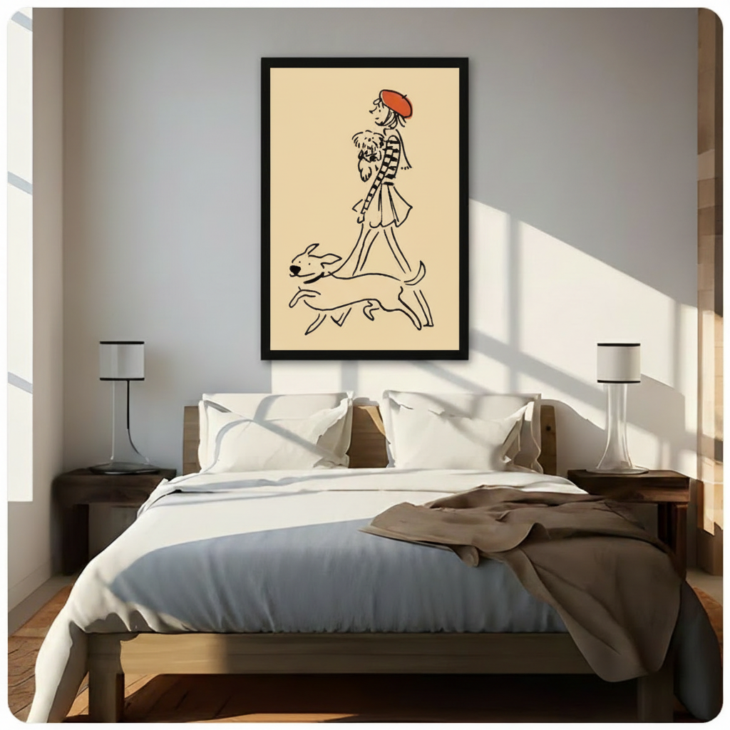 Parisian Girl Dogs Walk Minimalist Line Art Canvas Print
