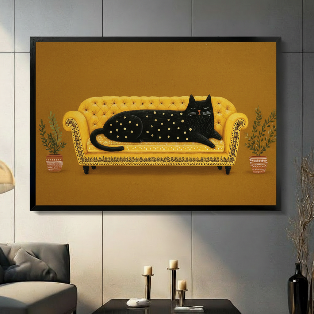 Black Cat Golden Sofa Boho Canvas Wall Art