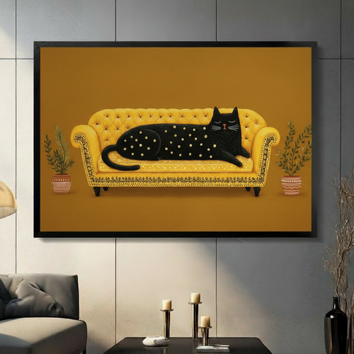 Black Cat Golden Sofa Boho Canvas Wall Art