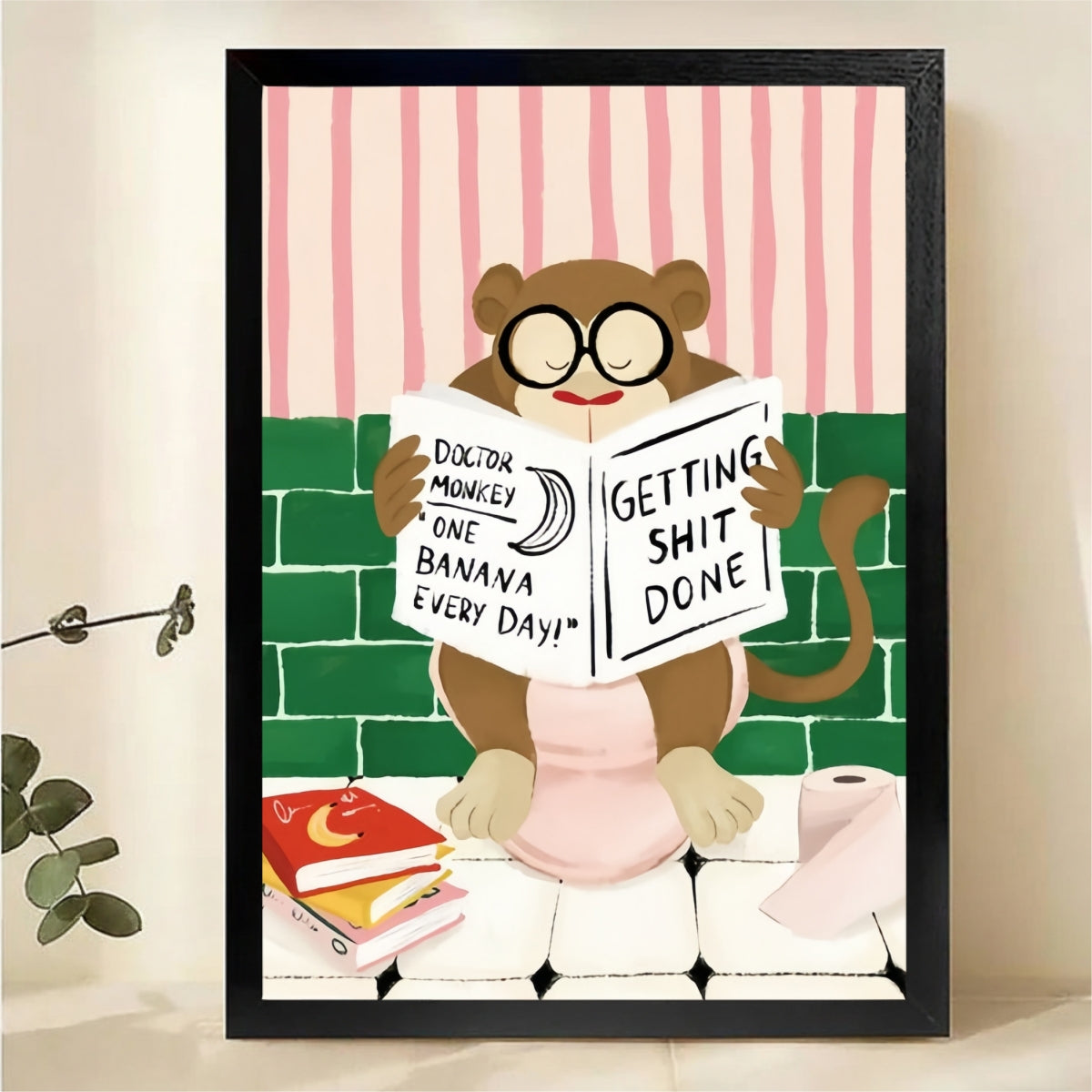 Monkey Reading in Bathroom Wall Art - Funny Motivational Print