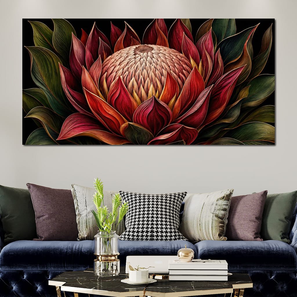 Crimson Protea Flame Crown Canvas Wall Art