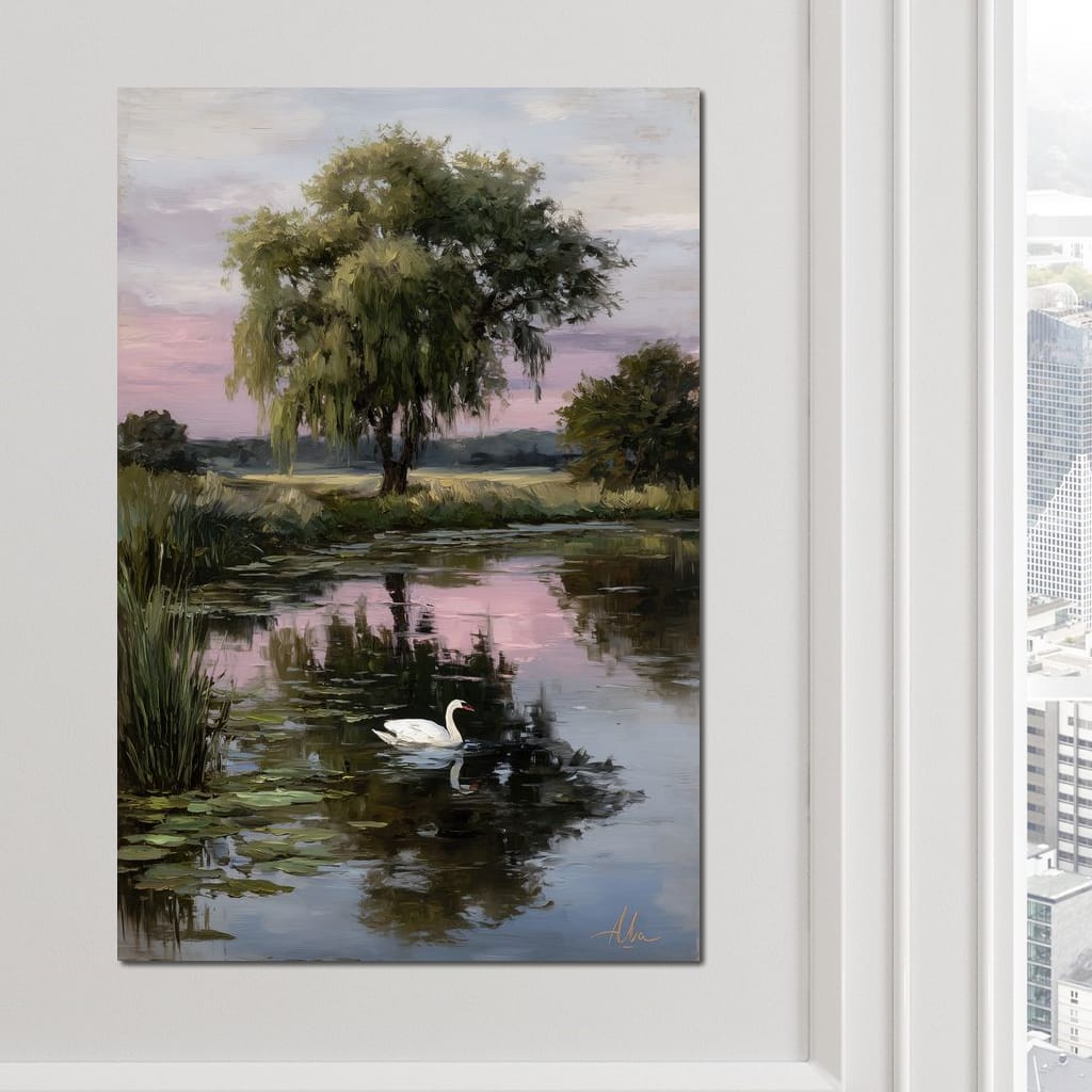 Swan Pond Willow Sunset Sky Canvas Wall Art