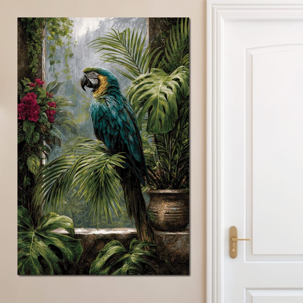 Rainforest Macaw Perch Scene Canvas Wall Art