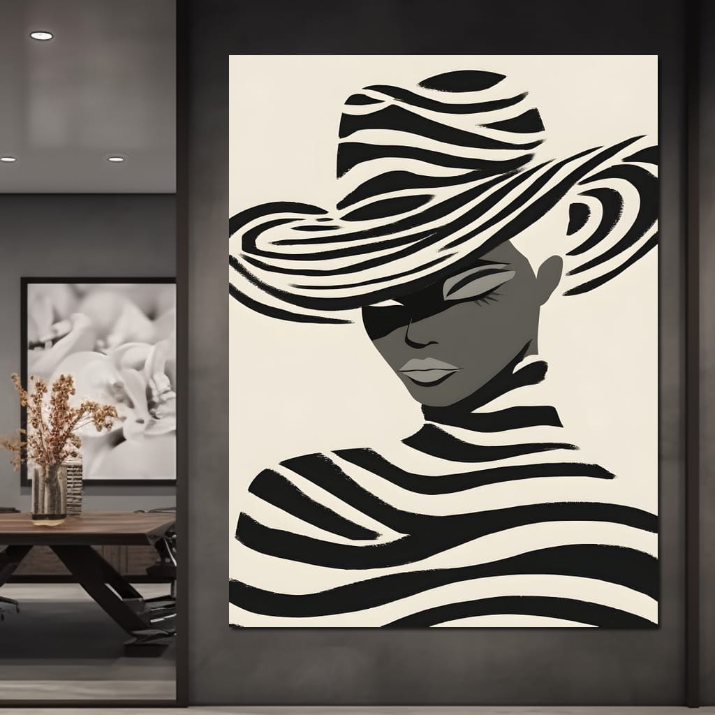 Monochrome Zebra Hat Lady Canvas Wall Art