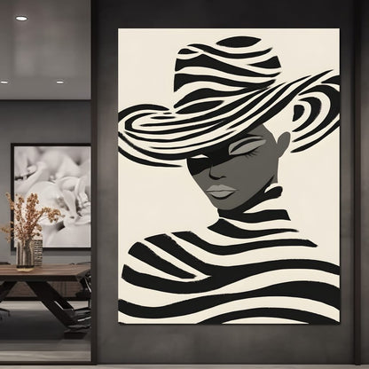 Monochrome Zebra Hat Lady Canvas Wall Art