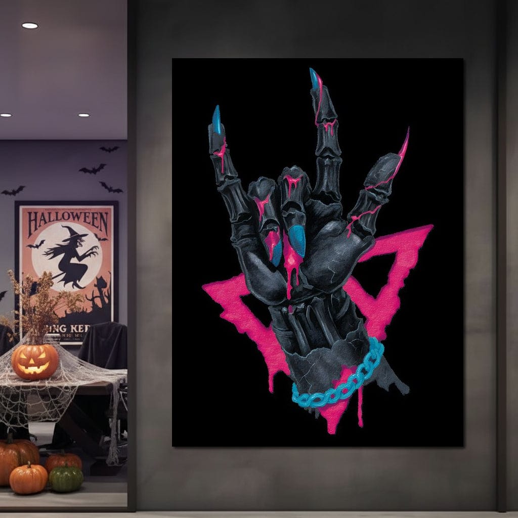 Neon Skeleton Rock Hand Sign Canvas Wall Art